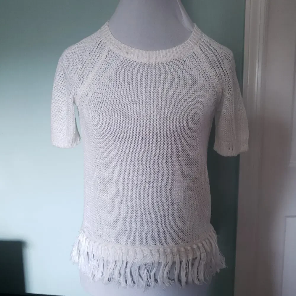 J. Crew 100% Linen Open Knit Sweater, Fringe Bottom, White XXS, Short Sleeve